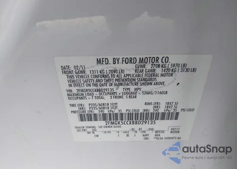 2011 Ford Flex Sel из США, поврежденный, VIN 2FMGK5CCXBBD29135